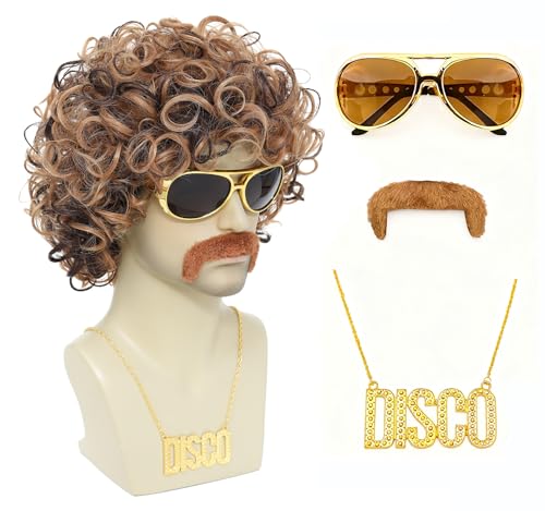 Image of 70s 80s Disco Costume Wig Set for Men - Afro Curly Wig with Mustache, Gold Sunglasses & Disco Necklace, Halloween Cosplay 70s Party Outfit Accessory (Blonde Mixed Brown)