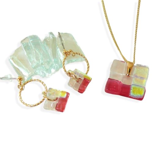 ガラスの小窓ピンクペンダントとピアス 2点セット Z003101