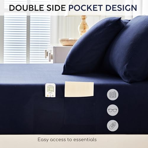 Image of Tokokimo King Sheet Set 4 Piece, Super Soft Washed Cotton-Linen Feel Microfiber, 16 inch Deep Pocket Fitted Sheet, 1 Flat Sheet, 2 Pillowcases, Breathable Bed Sheets, Navy Blue