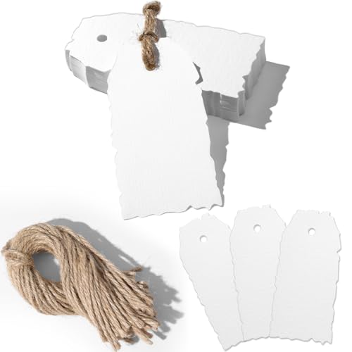 50 Pack Handmade Vintage Deckle Edge Tags with String 3.75x1.75 Watercolor Blank Gift Card Old Antique Aged Cotton Paper Labels Name Present Price Tags for Summer Birthday Wedding DIY Arts & Craft