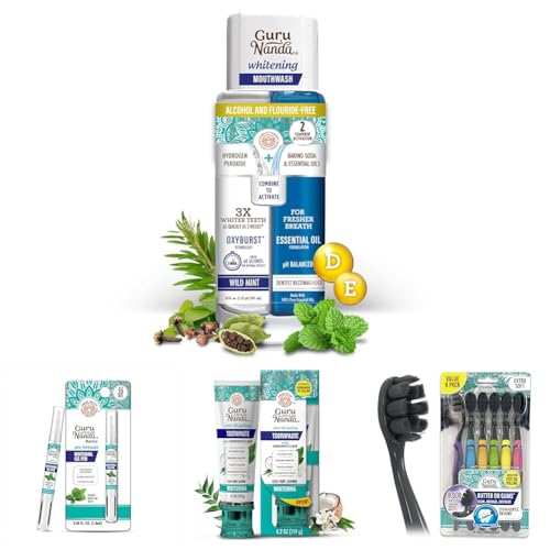 GuruNanda Complete Whitening Bundle: Teeth Whitening Dual Barrel Mouthwash (20 Fl Oz) with Essential Oils, Whitening Pen (0.06 Fl Oz), Hydroxyapatite Toothpaste (4.2 Oz) & Charcoal Toothbrush (6 Ct) image 2