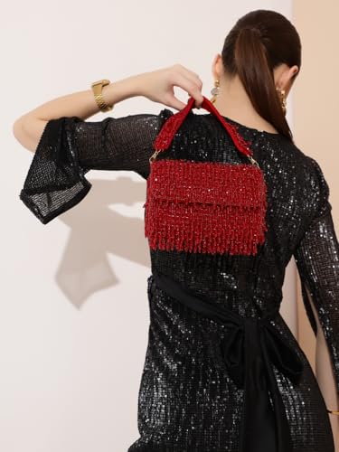 Image of THE TAN CLAN Rosa Red Flap Over Clutch Bag for Women- Elegant Evening Handbag, Purse, Perfect for Weddings, Parties & Special Occasions