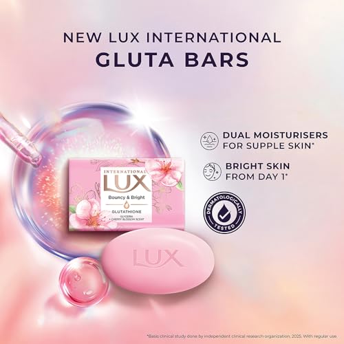 Image of LUX International Bouncy & Bright Bathing Soap, 4 x 130g, LUXURIOUS BATHING EXPERIENCE, for Hydrated & Radiant Skin, with Glutathione & Glycerin, Improves Skin Texture, Cherry Blossom Fragrance