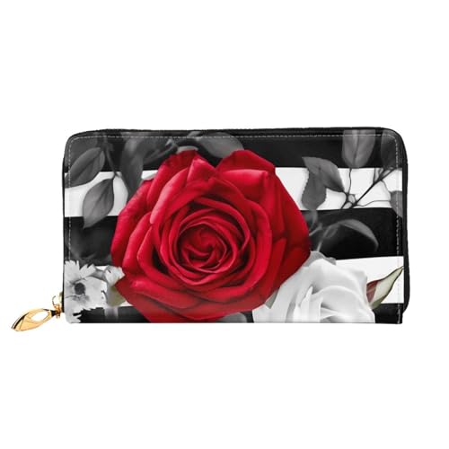 Black White Stripes Red Rose Flowers Women's Wallet Large Capacity Credit Card Holder Zip Phone Clutch Ladies Travel Purse