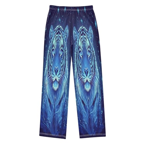 Blue Glowing Tiger Pajama Lounge Pants with Pockets Sleepwear Soft Elastic Waist PJ Bottoms 6-14 Years