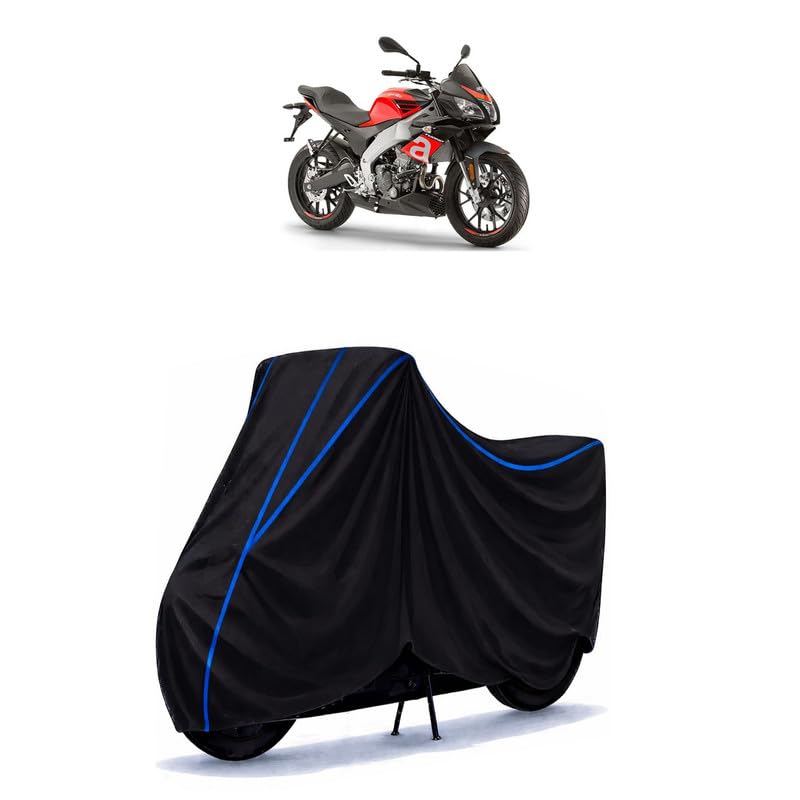 Image of Tuono 150 Bike Cover Water Resistant Universal Motorcycle Rain | Heavy Duty UV Protection, Dust, Scratch Indoor Outdoor All Weather with Black Blue Piping Elastic