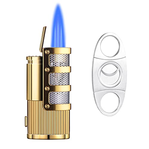 Butane Torch Lighter, Cigar Lighter, Lighter Set and Cigar Cutter, Triple Jet Flame Windproof Lighter with Puncher, Charcoal Lighter, Gifts for Men- Sold Without Butane