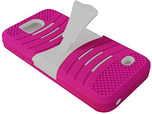 For ZTE Overture 2 Maven Fanfare Z810 Z812 Z791 Z792 Dual Hybrid Heavy Duty Hard Soft Cover Phone Case with Kickstand + Happy Face Phone Dust Plug (Horizontal Pink-White)