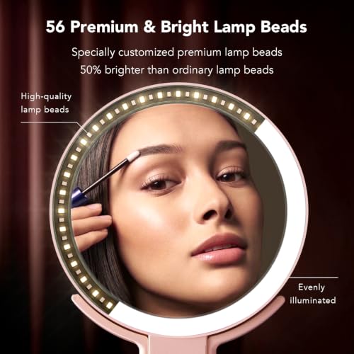 Image of LitBear Travel Makeup Mirror with Lights, Rechargeable Double-Sided 10X /1X Magnifying Mirror, Portable Lighted Beauty Mirror, 3 Color Lighting, Dimmable Touch Screen, Tabletop Handhold Hanging (Pink)