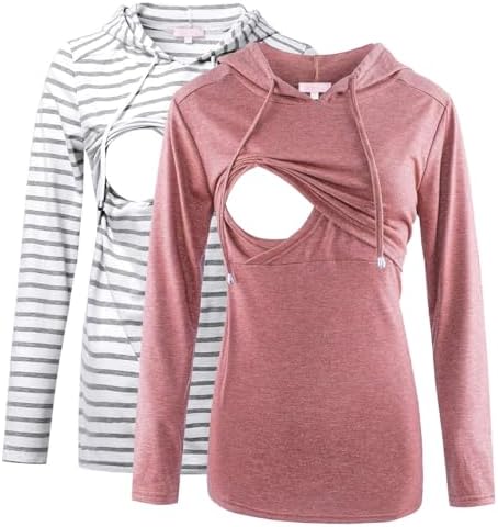Bhome Nursing Shirt Long Sleeves Hoodie Breastfeeding Top Sweatsh...