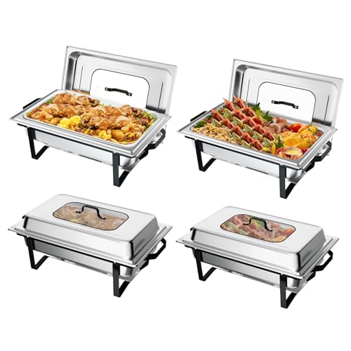 ROVSUN Chafing Dishes for Buffet 4 Pack, 9QT Chafing Dish Buffet Set with Upgraded Glass Lid, Stainless Steel Buffet Servers and Warmers, Stackable Design for Party Wedding Catering, Black & Silver