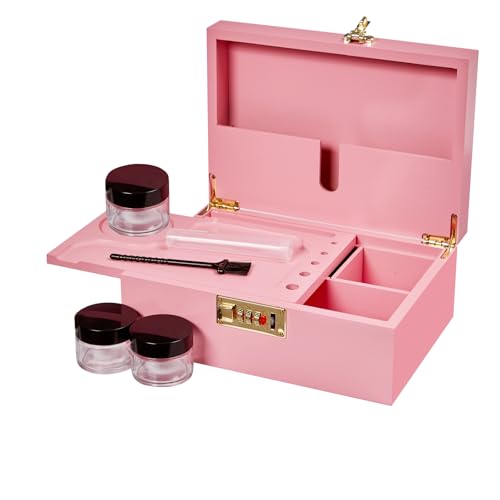 Bamboo Storage Box with Combination Lock - Large Lockable Decorative Box, Detachable Tray, Glass Jars and Accessories - Home Storage Gift Set (Pink)