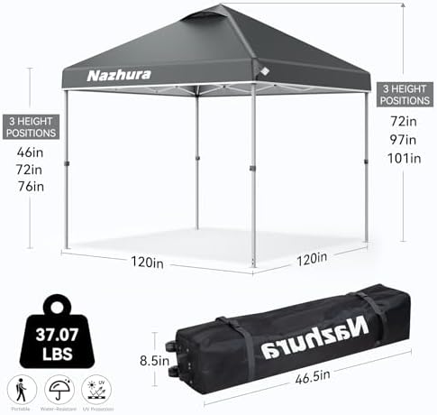 Nazhura 10' x 10' Pop Up Canopy Tent with Sand Weight Bag, Freestanding Sun Shelter for Picnic and Camping, One Person Setup and Height Adjustable (Grey)