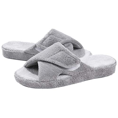 Adjustable House Slippers for Women with Arch Support Open Toe Fuzzy Slide Sandals Grey, 40