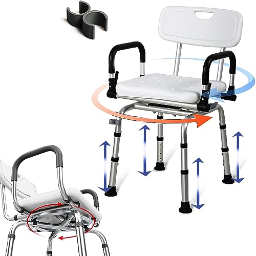 360 Degree Shower Chair Swivel with Soft Memory Foam Seat Pad,Portable Shower Seat with Armrests and Back, Foldable Adjustable Height Seat for Bathtub (White)