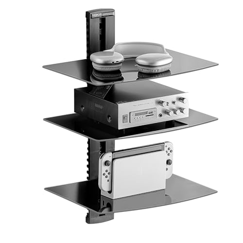 VEVOR Étagère Multimédia Mural à 3 Niveaux, Support Audio Visuel en Verre Trempé, Support pour Projecteur Capacité de Charge 8,2 kg, pour Lecteurs DVD/Décodeurs de Câbles/Consoles de Jeux, Maison