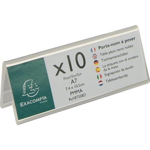 Exacompta 87358D 10er Pack Tisch-Namensschilder Querformat DIN A7 gefaltet aus hochwertigem Acryl beidseitig verwendbar UV beständig 10,5x4,0 cm Tischaufsteller Tischschild transparent