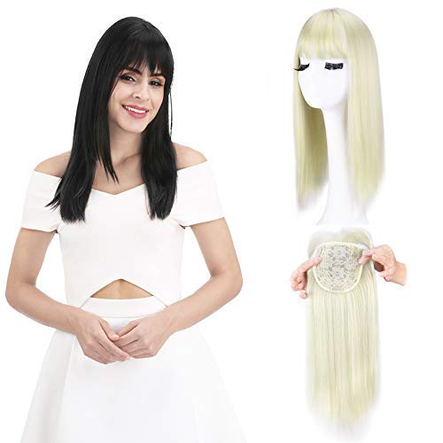 REECHO 18" Synthetic Hair Topper Wiglet Hair Enhancer with Straight Bangs 3 Clips in Straight Hair Extensions Hair Closure Piece Hairpieces for Women - Blonde