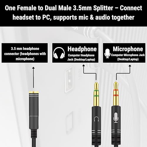 Image of 3.5mm Audio Mic Splitter Cable | Headphone & Microphone Combo Jack Adapter | Dual 3.5mm TRS Male to TRRS Female Y Splitter | Gold-Plated Connectors for PC, Laptop, Gaming, Smartphone