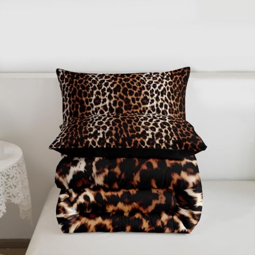 Image of Feelyou Black Brown Leopard Print Comforter Cheetah Print Comforter Set Africa Animal Wildlife Bedding Set for Boys Girls Kids Men Women Room Decor Luxury Safari Duvet Set Queen Size Quilt Boys
