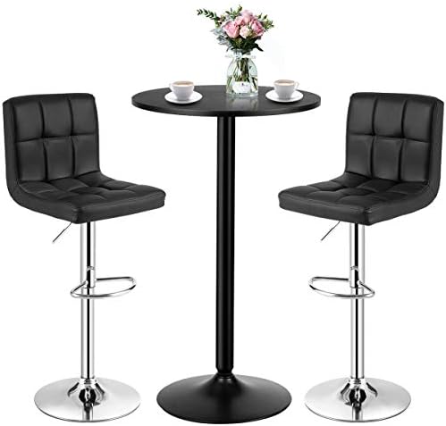 COSTWAY 3-Piece Bar Table Set, Round Cocktail Table and PU Leather Adjustable Swivel Chairs, Modern Counter Height Table Set with 2 Bar Stool for Kitchen, Office (Black)