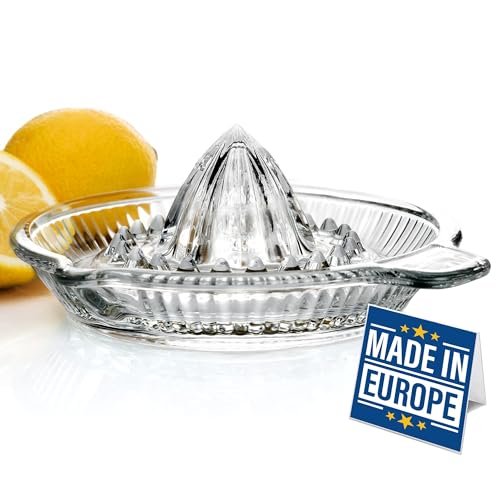 Crystalia Lemon Squeezer, Small Citrus Juicer, Extractor Manual Hand with Handle and Pour Spout, Lead-Free Heavyweight Crystal Clear Glass