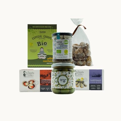 VinNatura - Caja Gourmet Gallega Aurora para Regalar - Aperitivos Premium con Conservas Gourmet, Galletas Mariñeiras, Aceitunas, Melindres y Tartar de Algas de Galicia