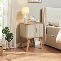 [en.casa] Comodino in Bambù con 2 Ante Scorrevoli Mobiletto da Notte Tavolino da Letto Comodino da Design Tavolino Laterale per Divano 58 x 45 x 45 cm - Naturale/Bianco Crema