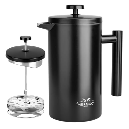 MERMOO YILAN Kaffeebereiter 1L French Press Edelstahl Camping Kaffeekocher Thermo Doppelwandig Isoliert System mit Zweilagiger Konstruktion 1000ML (Schwarz)