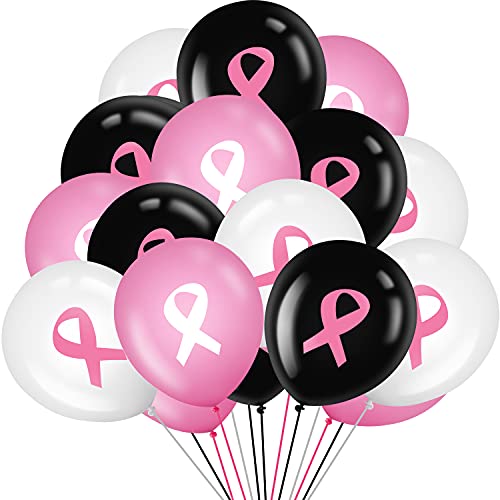 75 Pieces Breast Cancer Awareness Balloons 12 Inch Pink Ribbon Latex Balloons Round Party Balloons Party Supplies for Party Decoration, Pink, White and Black by Sumind - Used condition - US$14.12