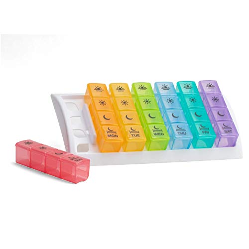 Ezy Dose (7-Day) Pill, Medicine, Vitamin Organizer Box | Weekly, 4 Times a Day, AM PM | Great for Travel | Rainbow Lids | FDA Registered