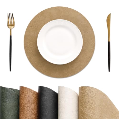 MOSAYT Vinyl Faux Leather Round Placemats Set of 4, 13 Inch, Camel