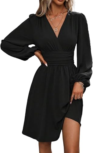 Women's Dress Autumn/Winter Slanted Collar Casual Dresses Lantern Sleeves Pleated Waist Cocktail Dresses (Black,Small)