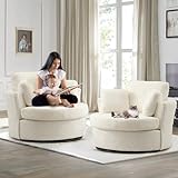 JEEOHEY Swivel Barrel Accent Chair Set of 2, 40'' W Teddy Oversized Round Chair, 360° Rotating Modern Upholstered Armchair, Comfy Single Sofa Chair for Nursery, Living Room, Bedroom (Ivory)