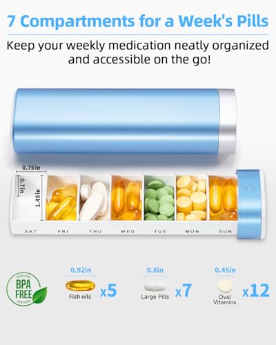 Image of Betife Travel Pill Organizer Weekly 7 Day, Compact Daily Pill Box, Portable Medicine Case for Vitamins Supplements, Drawer-Shaped (Blue)