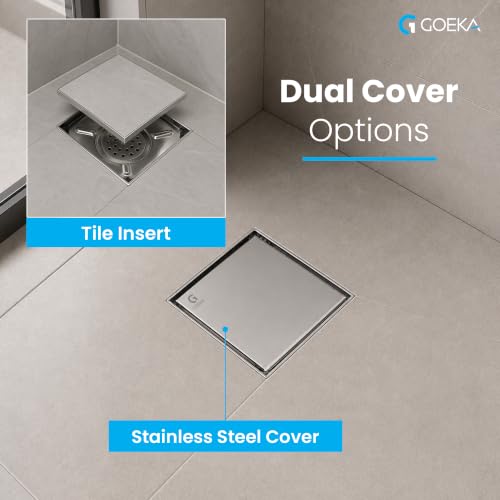 Image of GOEKA 6 inch x 6 inch Full SS 304 Tile & Marble Insert Floor Drain | Reverse Plate with Cockroach Trap | Square Drain Cover | Rust-Proof, Anti-Clog | Heavy-Duty Bathroom, Kitchen, Terrace & Balcony Drain