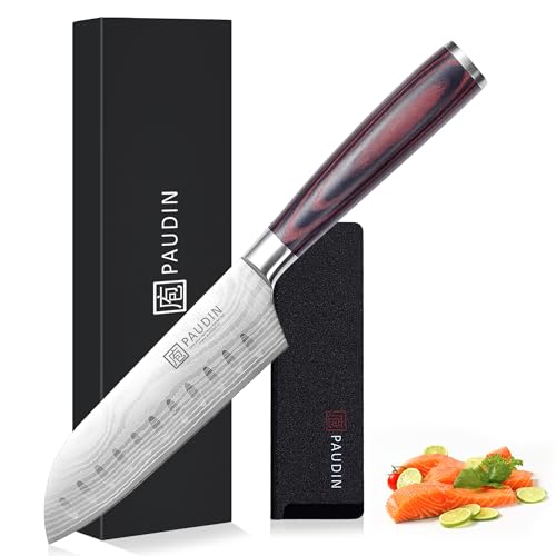 PAUDIN Santokumesser 13 cm, Ultrascharfes Küchenmesser aus Hochkohlenstoff-Edelstahl, Ergonomisch&Vielseitig für Fleisch, Gemüse&Obst, Ideal für Hobbyköche&Profis, Nachhaltig mit lebenslanger Garantie