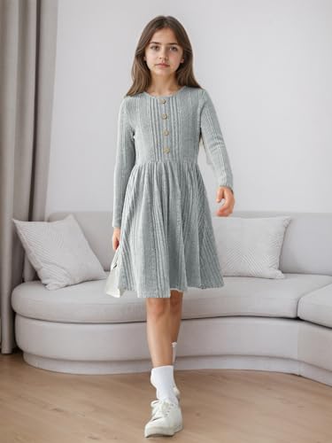 GORLYA Girls Long Sleeve Casual A-line Sweater Rib Knit Button Party Dress with Pockets 6-16Y3