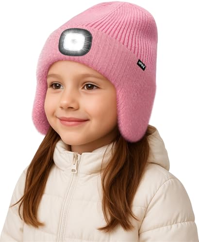 ATNKE - ATNKE Kids LED Lighted Beanie Hat with Earflap, USB Rechargeable 4 LED Hands Free Head Torch Running Headlamp Cap Light Winter Warm Fleece Lined Knit Beany Gifts for Boys and Girls/Pink - -10%
