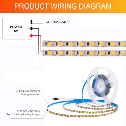 Tira LED 5V USB 2835 120 LEDs/m Luz Cálida 5M Flexible miniatura 5