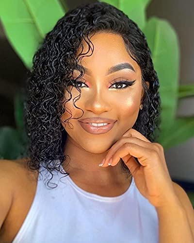 Curly Short Bob Wigs Human Hair 14 inches, 4x4 Lace Closure Human Hair Bob Wigs, Brazilian Curly Lace Front Bob Wigs Human Hair Pre Plucked, Curly Bob Wigs Middle Part (14 Inch)