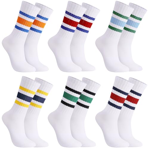 6 Pairs Crew Sport Socks Women Striped Crew Socks Retro Athletic Socks Casual Cotton Stretchy Socks Unisex MultiColor