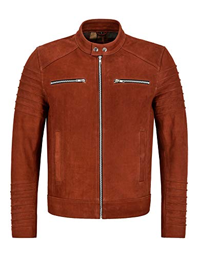 Veste en cuir racer pour homme en nubuck châtaigne avec fermeture zip modèle 7515