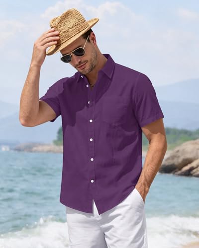 Image of J.VER Mens Linen Shirt Short Sleeve Button Down Casual Summer Shirts | Cotton Linen, Untucked, Big Tall, from Beach Camp Vacation, Cruise Fishing, Work Office, to Wedding Party Family, with Pocket