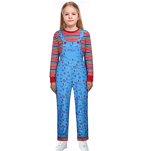 Disfraz infantil Chucky azul con overol floral y camiseta a rayas miniatura 3