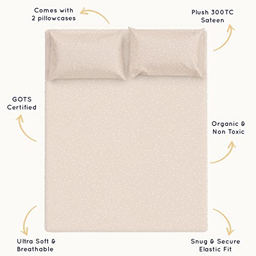 Makemake Organics Organic Queen Sheet Set Gots Certified Organic Cotton Sheets Queen Bed Fitted Flat Sheet Pillowcases - Ultra Soft Non Toxic Breathable Tan Beige Brown Oat Color (Queen, Polka Dots) #TOP2