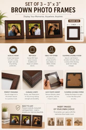 Image of Square Photo Frames, size 3 * 3 inches(7.6 x 7.6 cm,) Set of 3, Brown, Dual-Purpose Wall Mount and Table Display