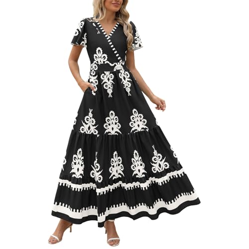 Womens 2025 Summer Fashion Boho Maxi Dress Flowy Short Sleeve Floral Dresses Holiday Dress Outfits Black