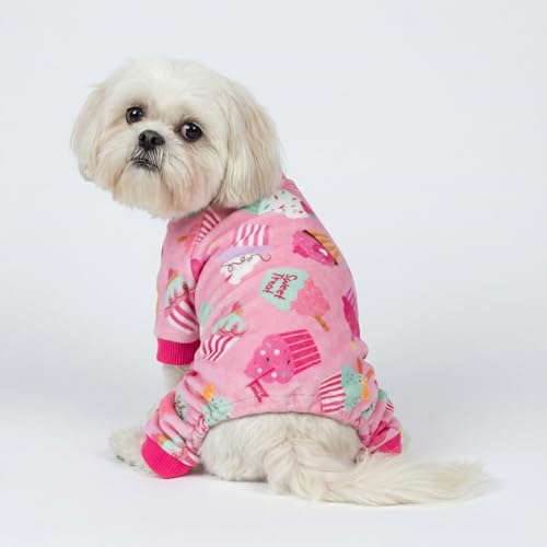 Image of Fitwarm Cupcake Dog Pajamas, Birthday Outfit for Small Dogs Girl, Cozy Pet Onesie with Feet, Pink, Medium