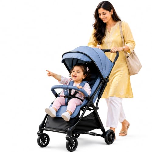 Image of LOOK MAMA Baby Stroller, Foldable Pram for 0-5 Year Traveling, Strollers for 0 to 5 Years, Fully Reclining, Sun Canopy, Easy Auto Folding Mechanism, Grey Color (Grey)